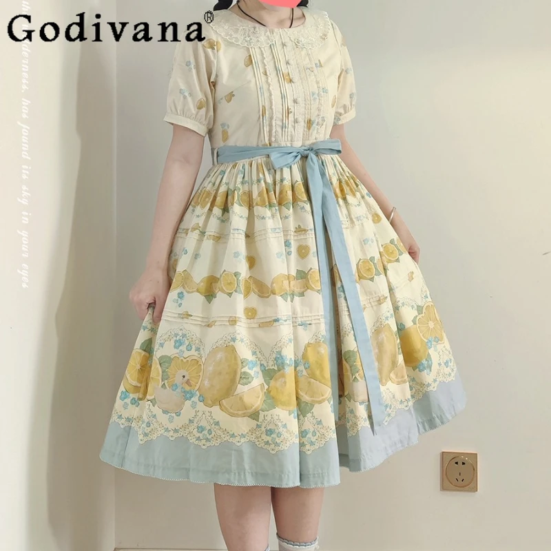 

Plus Size L-4XL Lolita Summer Loose Peter Pan Collar Short Sleeve Sweet Princess Dress High Waist Lemon Print Op Leisure Dresses