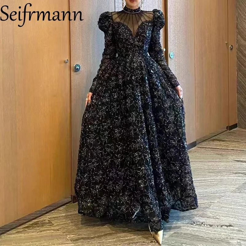 Seifrmann cor bloqueando high-end banquete vestido de noite 2025 outono feminino manga comprida sem alças ouro bordado lantejoulas grande