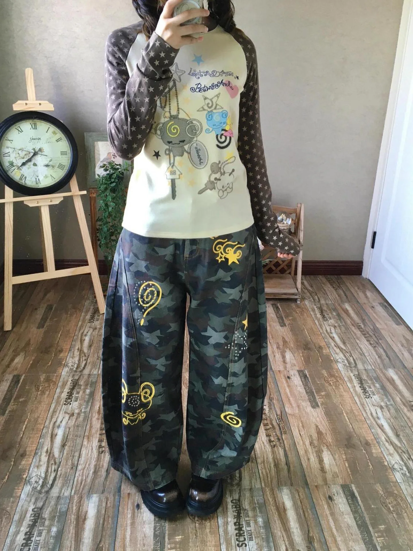 Millennium Trendy Wide Leg Pants Women's Loose Slimming Casual Floor-Length Knife Blade Print Denim High Waist Pocket Detail