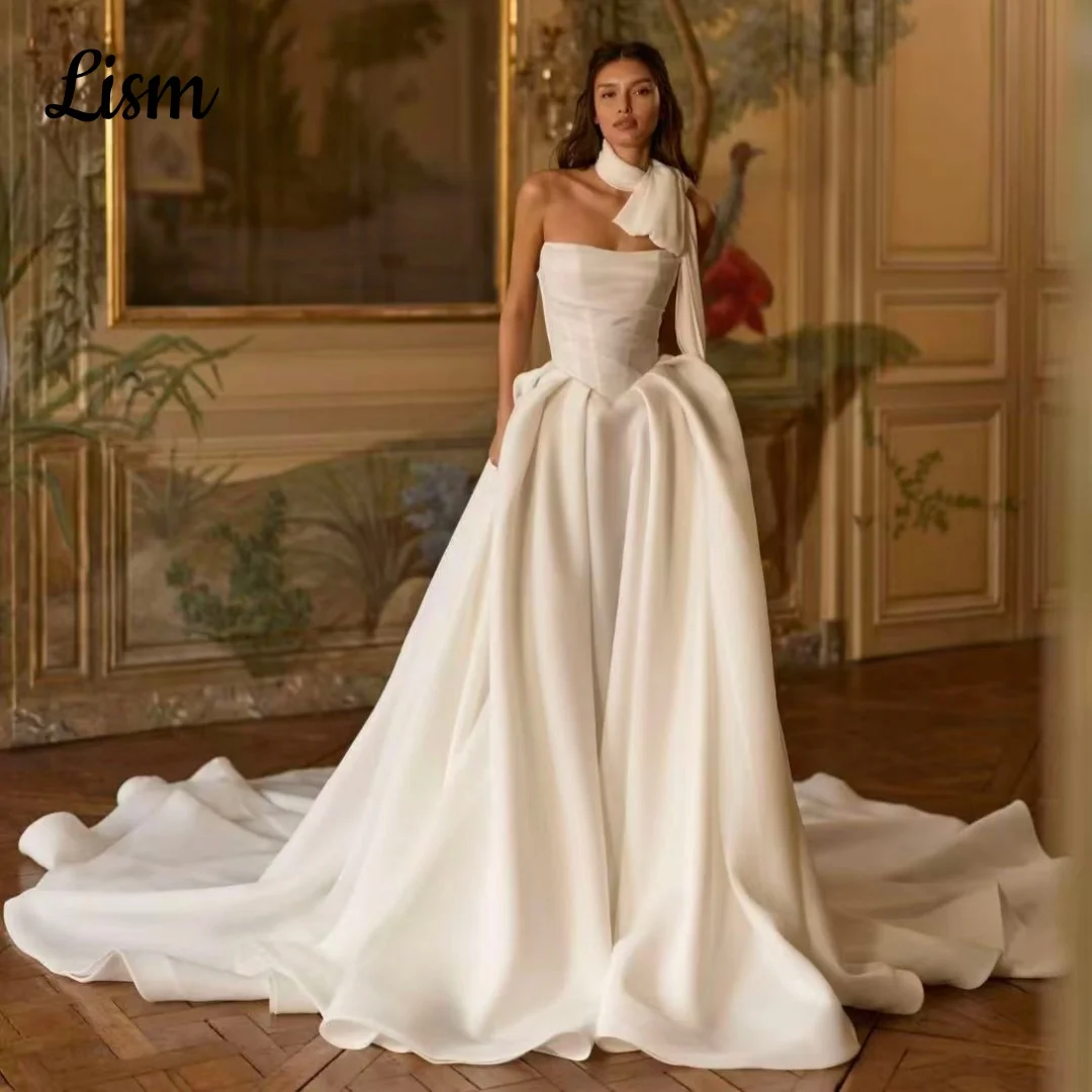 Lism Customized Vintage Wedding Dress Strapless with Scarf Draped Ivory Satin Long Train Bridal Gown Vestido De Novia 2026