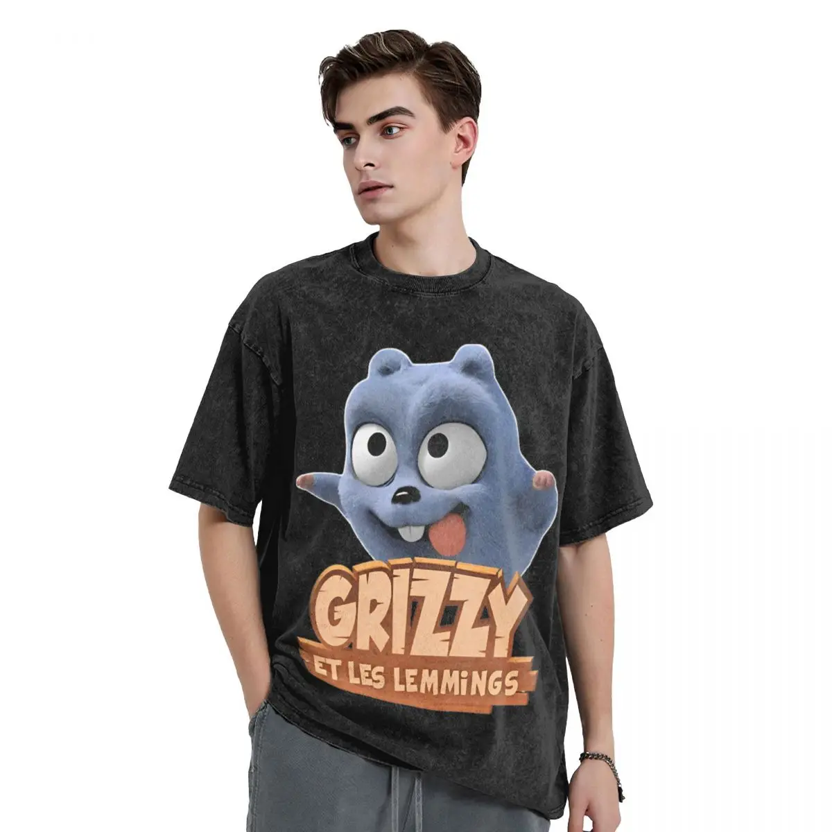 Grizzy Cartoon T Shirts Hip Hop Washed 100% Cotton Harajuku T-Shirt Tabodi Novelty Men Women Tops Streetwear Printed Tops Tees