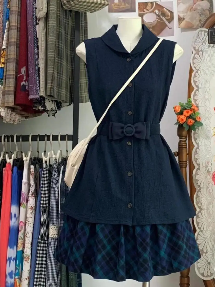 Vintage High Waist Skirt Set Set Woman Japanese Style Slim Sleevess Tops + Slim Y2k Mini Skirt Retro Plaid Skirt Korean Suit