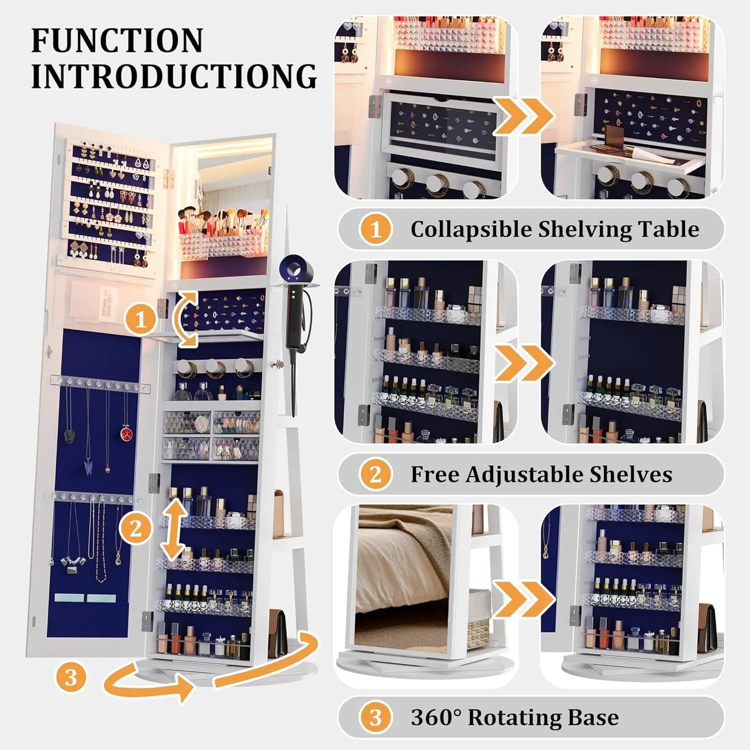 Length Mirror Jewelry Cabinet with Lights, 63