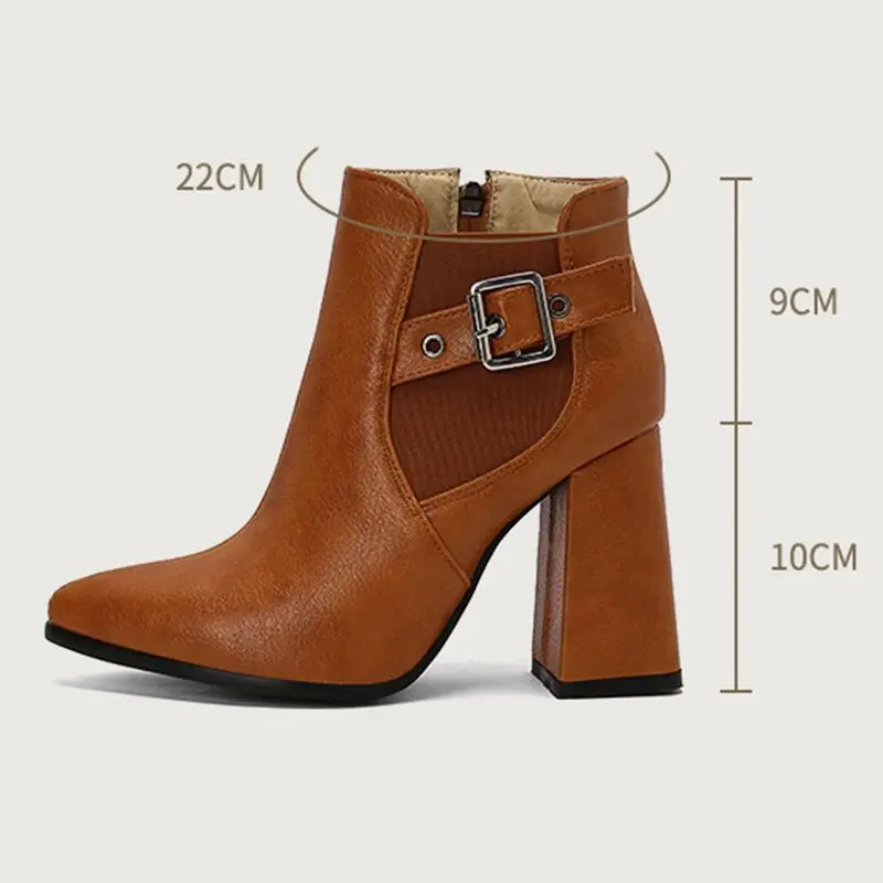 ASILETO Luxury Female Ankle Boots Pointed Toe Chunky Heel 10cm Zipper Belt Buckle Large Size 48 49 50 Classic Daily Women Bota