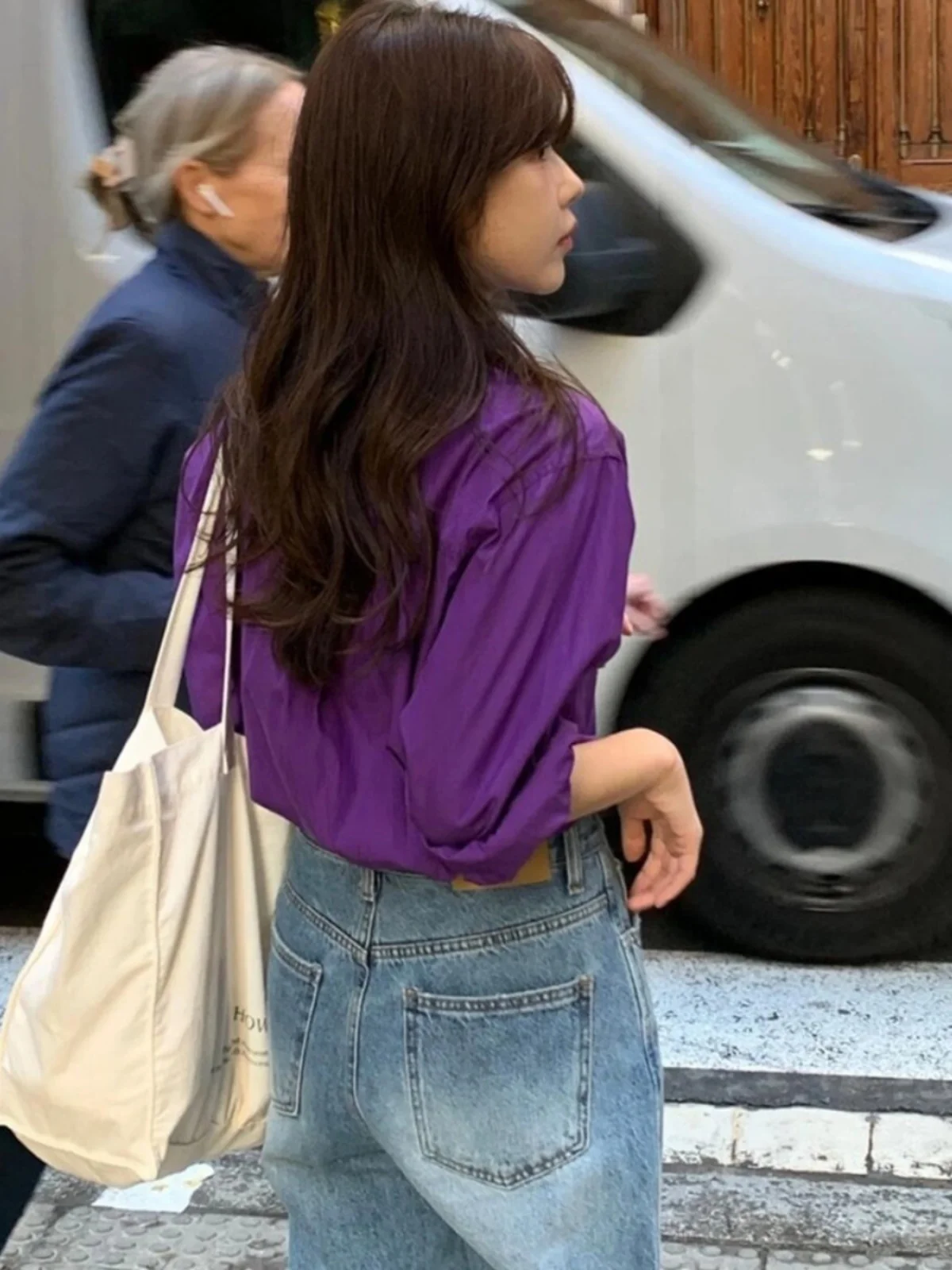 Retro giapponese Sle sciolto cotone da donna irt colore viola alto effetto sbiancante versatile casual lungo Sve Ne Top