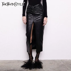 TWOTWINSTYLE Solid Spliced Folds Slim Sexy Skirts For Women High Waist Patchwork Zipper Bodycon Split Skirt Female Clothing New