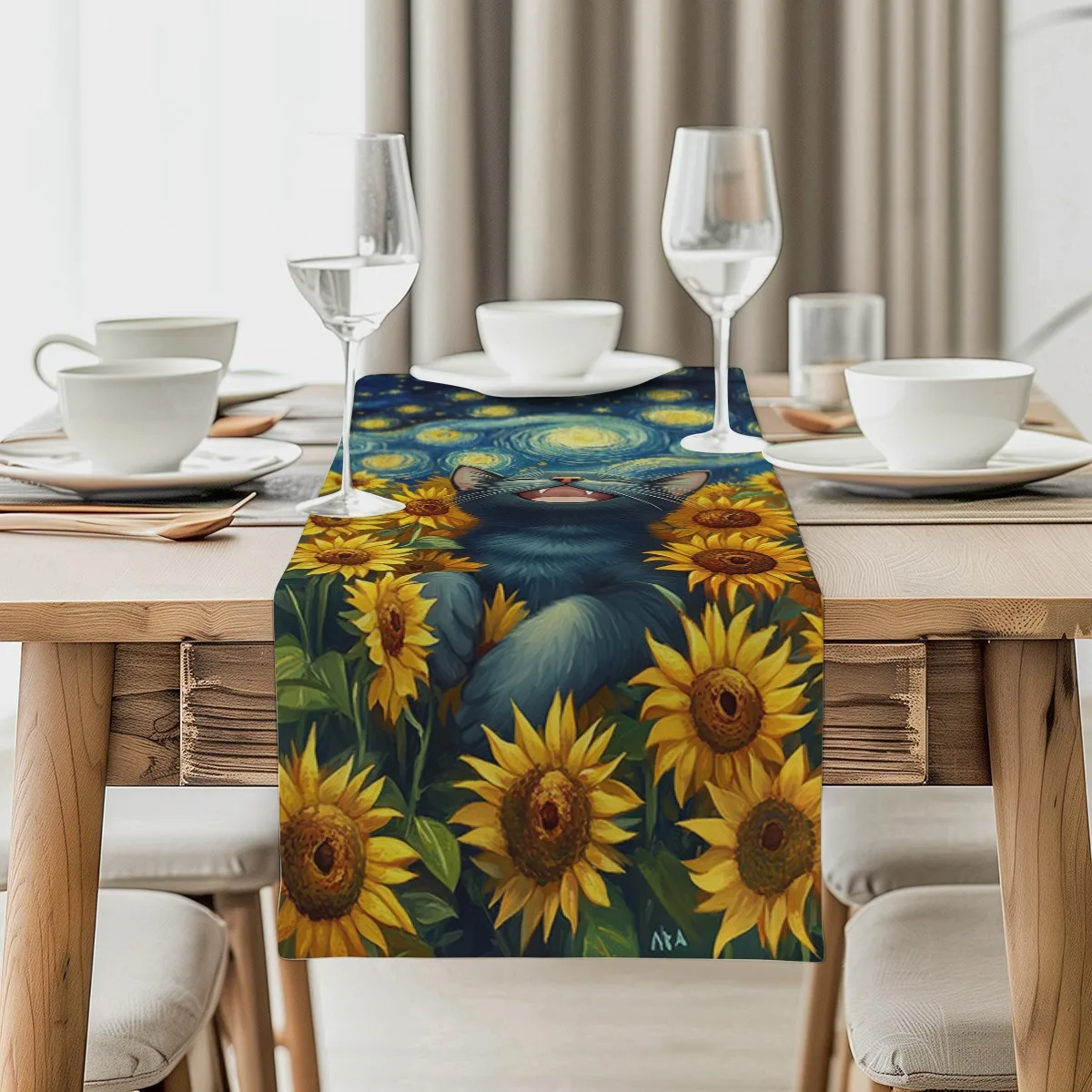 decor table runner Sunflower and Starry Night Style Print Table Flag for family party,dining table decoration,festival party dec