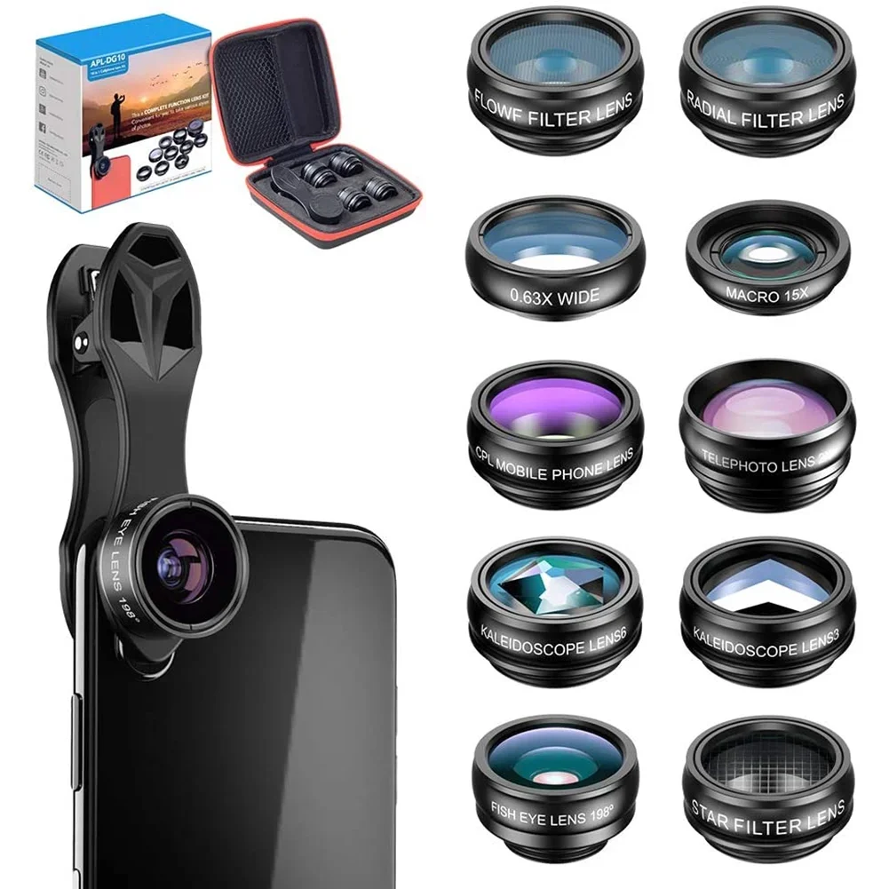 10 In 1 Mobile Phone Camera Lens Kit Fisheye Wide Angle Macro CPL Telescope For Smartphone Photography Accessories