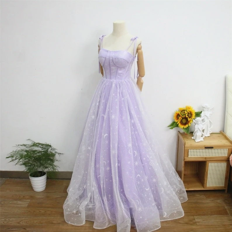 

Блестящее бальное платье для выпускного вечера со звездой и луной, фиолетовое выпускное платье феи на бретельках, вечернее платье для дня рождения, женское элегантное платье
