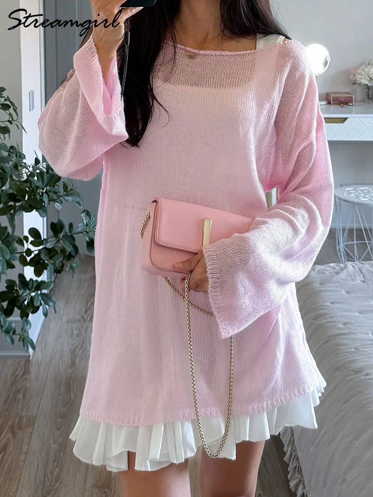 Women Summer Oversized Hollow Out Sweater Pink Loose Thin Pullover See Through Tops Long Sleeve Knitted Transparent Sweaters