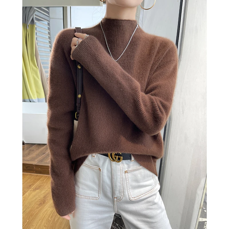 100%Wool Winter Tight Fitting Slim Fit Thickening Tops Pullovers Casual Womens Long Sleeve Keep Warm Knitting Ladies Sweater