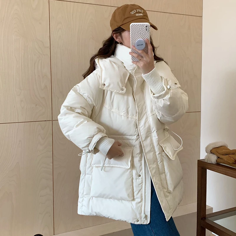 FIGOHR 2024 Winter Women's New White Duck Down Jacket Korean Edition Drawstring Design White Duck Down Coat Bread jacket