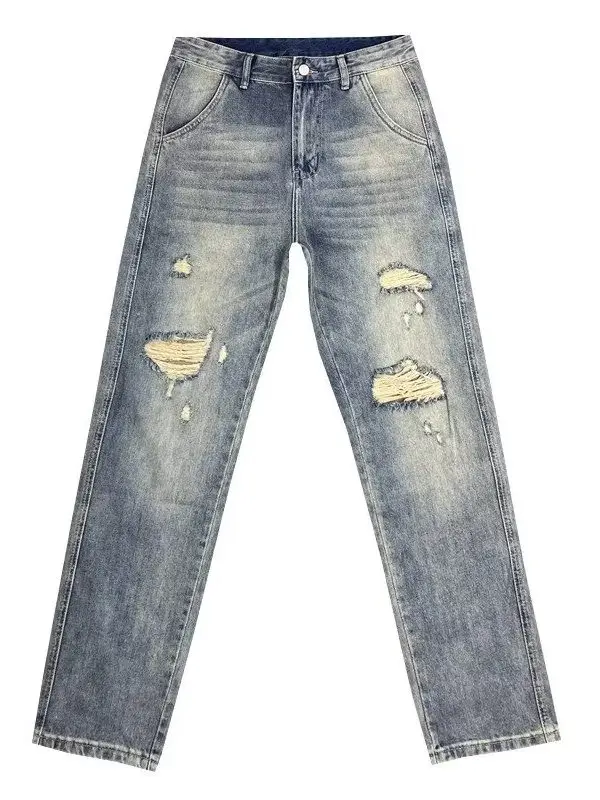 

Мужские джинсы свободного кроя в стиле ретро, модные мешковатые повседневные дышащие летние длинные брюки в стиле Харадзюку с конусом и вырезами