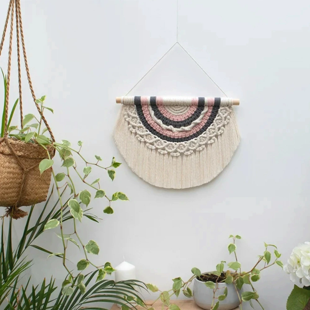 Macrame Wall Hanging Tapestry with Wood Beads and Tassels Handmade Woven Home Office Nursery Decor Bedroom Livingroom Decration