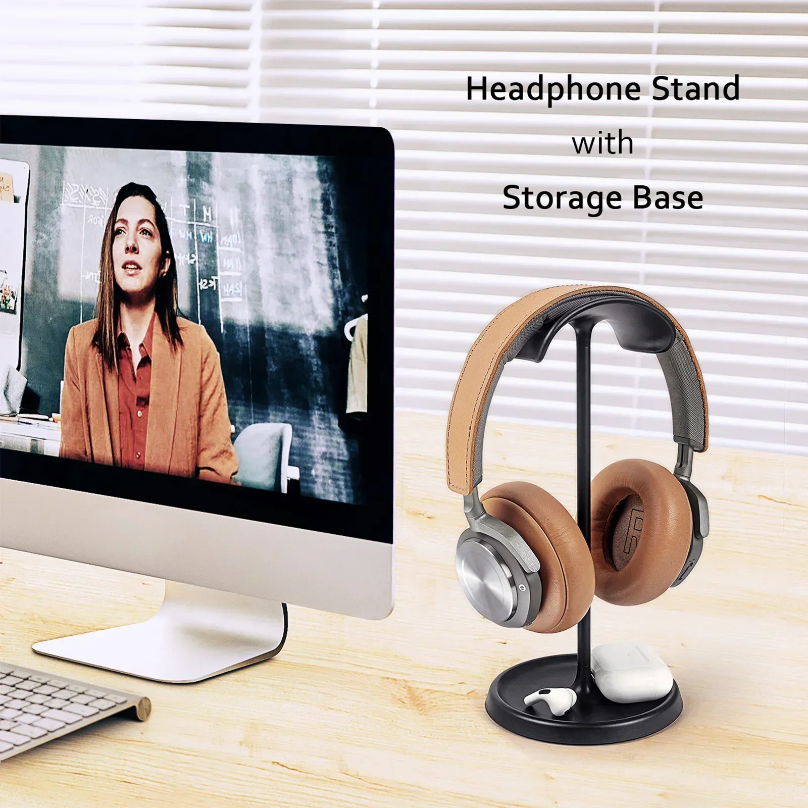 Curved Headphone Stand Sturdy Non-Slip Heavy Base Gaming Headset Holder Hanger with Storage Tray for Table Desk Display