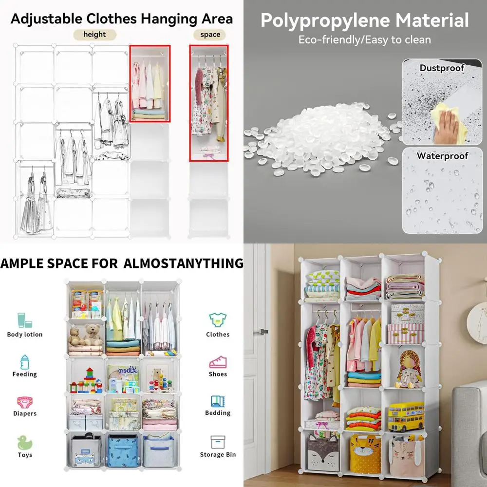 

Modular Children's Wardrobe with 15 Cubes, Hanging Rods, and Nursery Storage for Boys & Girls (White)