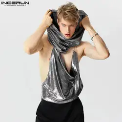 2023 Men Tank Tops Shiny Hollow Out Backless V Neck Sleeveless Irregular Vests Streetwear Fashion Men Clothing INCERUN S-5XL 7