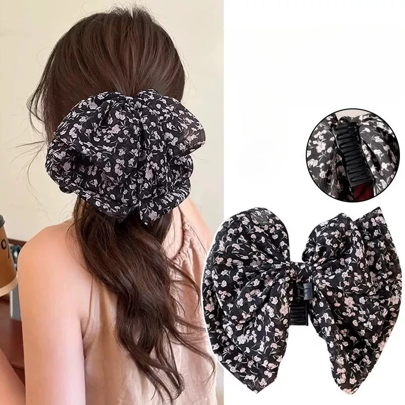 Chiffon Floral Hair Claw Women Girls Sweet Elegant Ponytail Clip Double Layer Bow Hair Grab Clip Hair Clamp Headwear Accessories