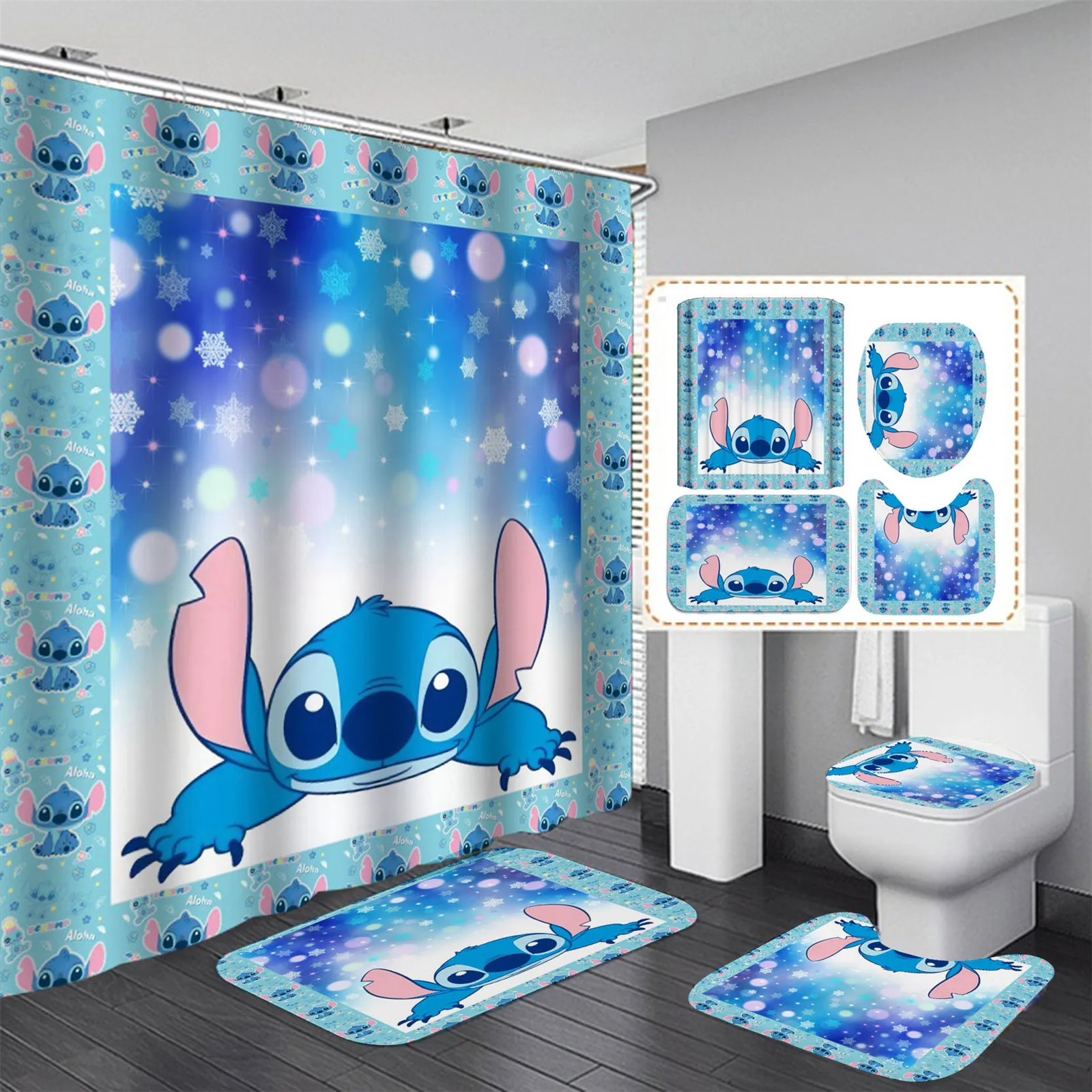 

Stitch 4 Piece Bathroom Set Mats And Shower Curtain Curtain/ Accessories Luxury Anime Home Bath & Items