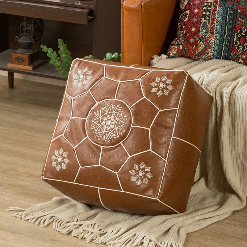 Moroccan Cushion Cover PU Leather Meditation Pouf Embroider Craft Ottoman Covers Footstool Tatami Unstuffed Cushion No Fillings