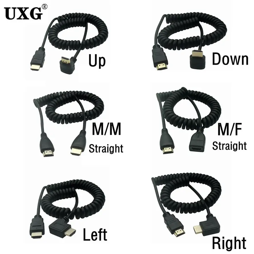 Up Down Right Angle Micro Mini HD Spring Curl Flexible Cable 1.4 HDMI-compatible Cable For Camera Tablet PC & Mobile Phones DSLR