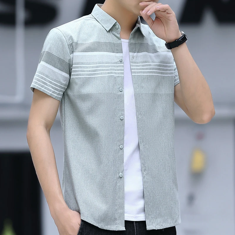 High Quality Men T Shirt Grey Light Green Short Sleeve For Male Summer Cotton Lapel Buttoned Tops Cotton Shirt Dropship Top