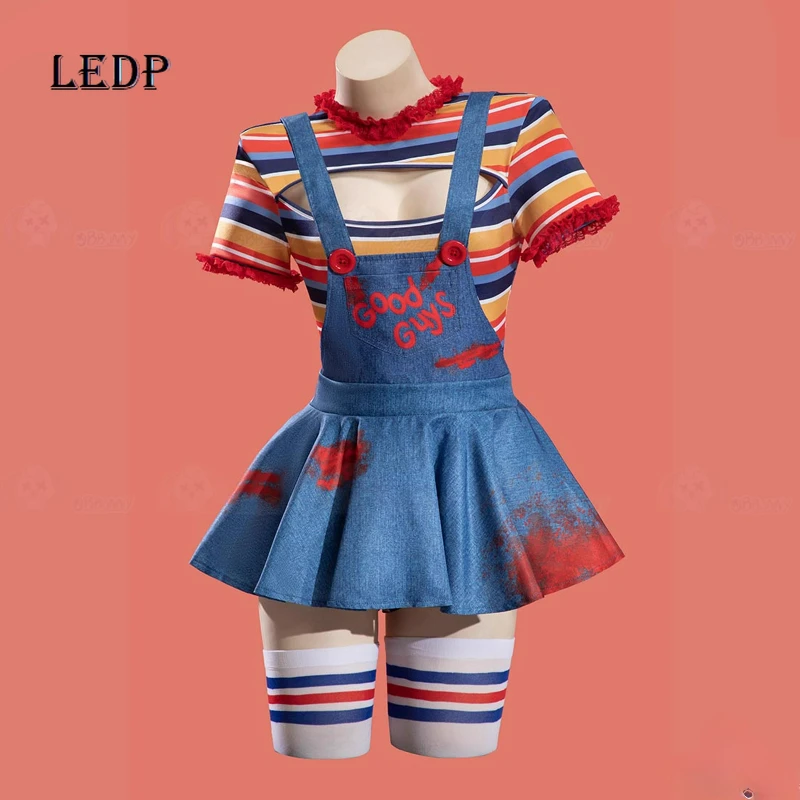 

Halloween Women's Clothing Cute Striped Lace Trim Hollow Out Jumpsuit Top New Sweet Cool Denim Blue Tie-Dye Overalls Sets Ladies