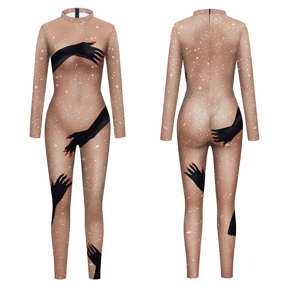 VIP FASHION Huidskleur Strass Print Jumpsuit voor Vrouwen Elegante Zentai Body Lady Festival Catsuit Cosplay Party Kostuum