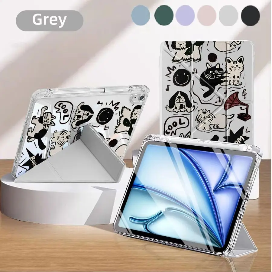 

Чехол для планшета iPad Mini 6 7 Pro 2025 Air 4 5 M3 M2 M4 11 дюймов 11-го 10-го 9-го 8-го 7-го поколений 12.9 дюймов, чехол-подставка Y-Fold с милым дизайном кошки и собаки