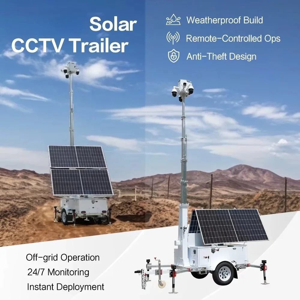 Hotselling Mobile Solar CCTV Surveillance Trailer 9m Mast IP65 Waterproof US/EU/AU Standard HD 4K Parking Lot Monitoring
