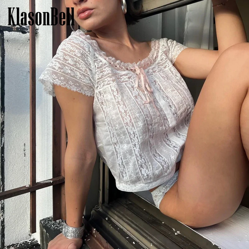 

5.24 KlasonBell Fashion Hot Girl Sexy Sheer Lace Embroidery Ribbon Blouse O-Neck Single Breasted Short Slim Women Shirt