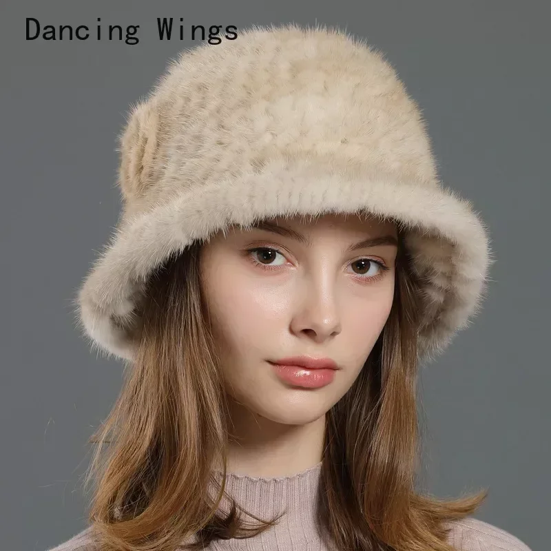 Real Mink Fur Hat Cap Sun Hat For Women  New Female Cap Winter Knitted Mink Fur Hat Brand Thick Hats