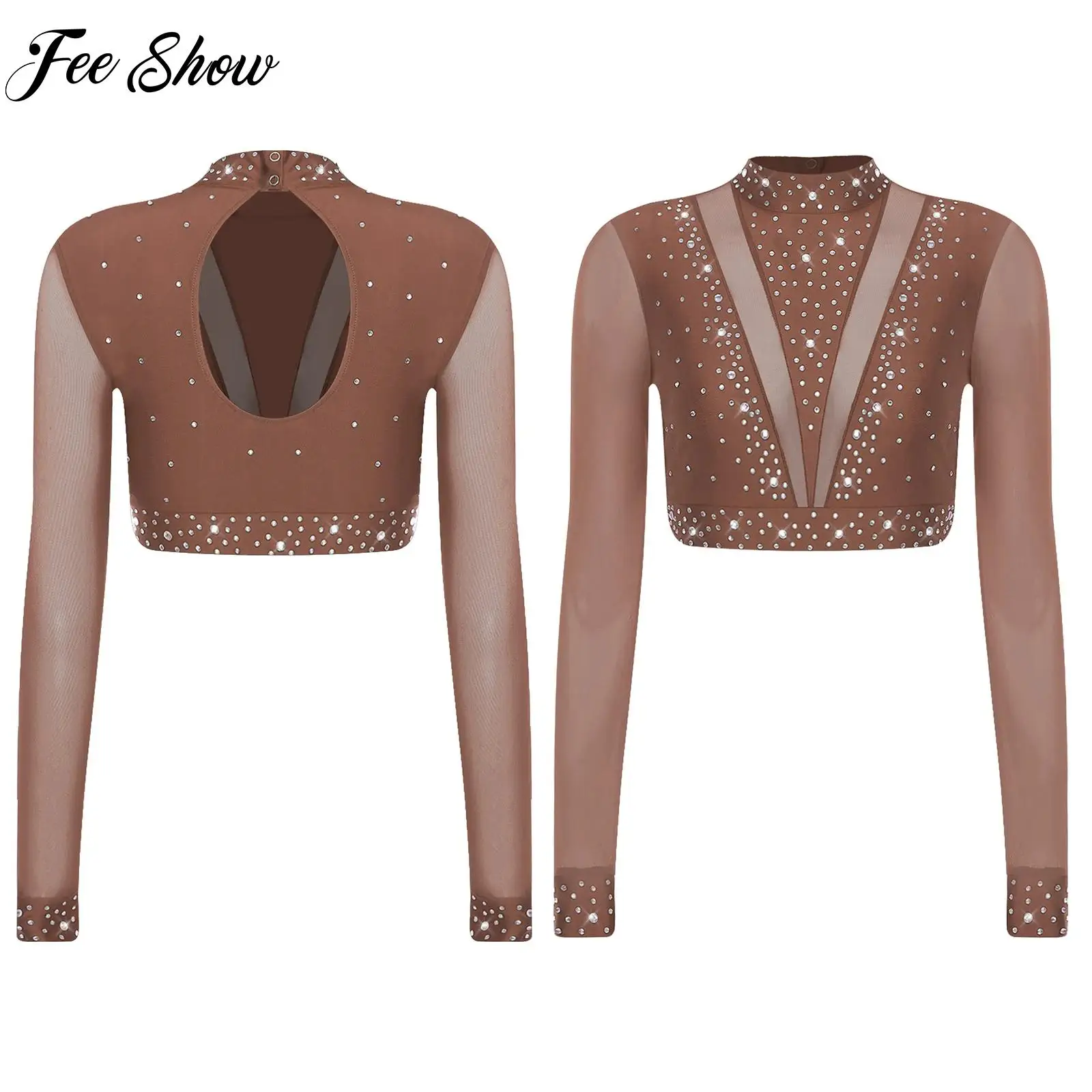 

Stylish Womens Modern Lyrical Dance Performance Costume Long Sleeve Rhinestone Mesh Back Hollow Out Crop Tops Skating Dancewear