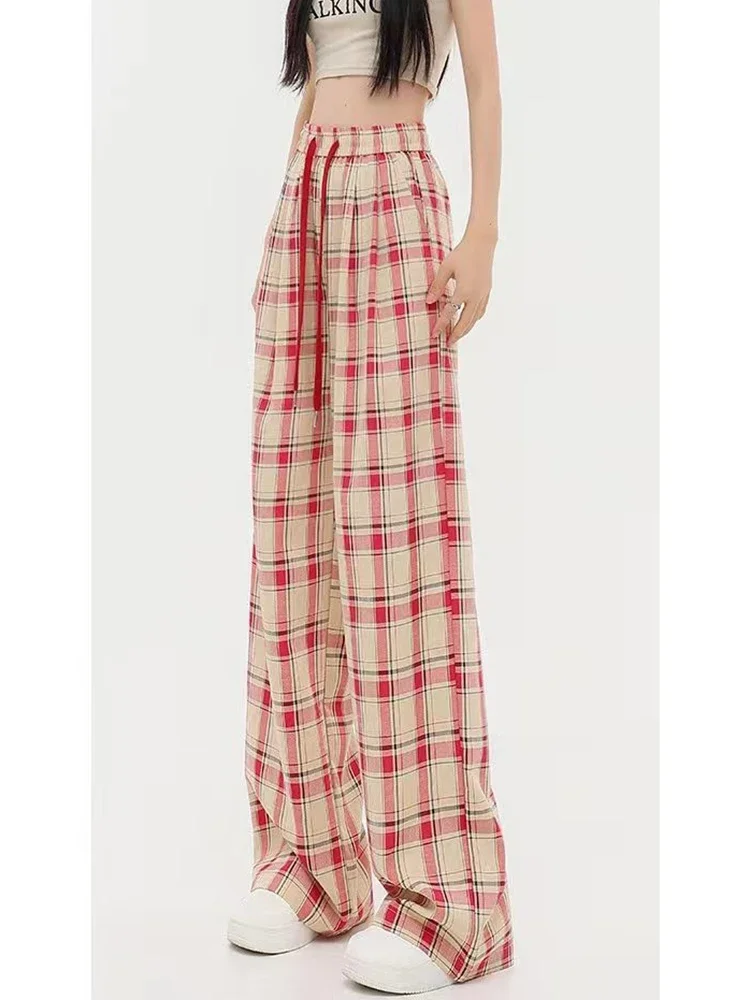 Vintage vrouwen losse geruite broek hoge taille casual kanten wijde pijpen broek Koreaanse retro alle match vrouwelijke zomerbroek