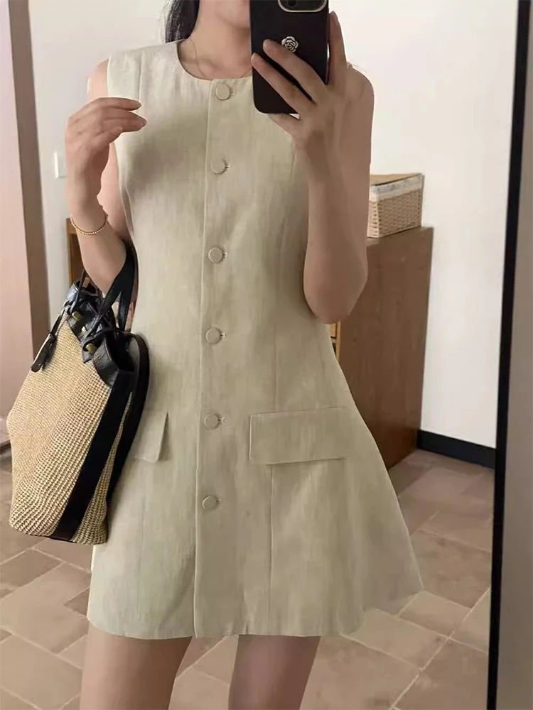 Liangliang Home Small Fraance Sle Single Button Svel Vest Dr Women Summer New Waist Cinching A-Line ort Skirt