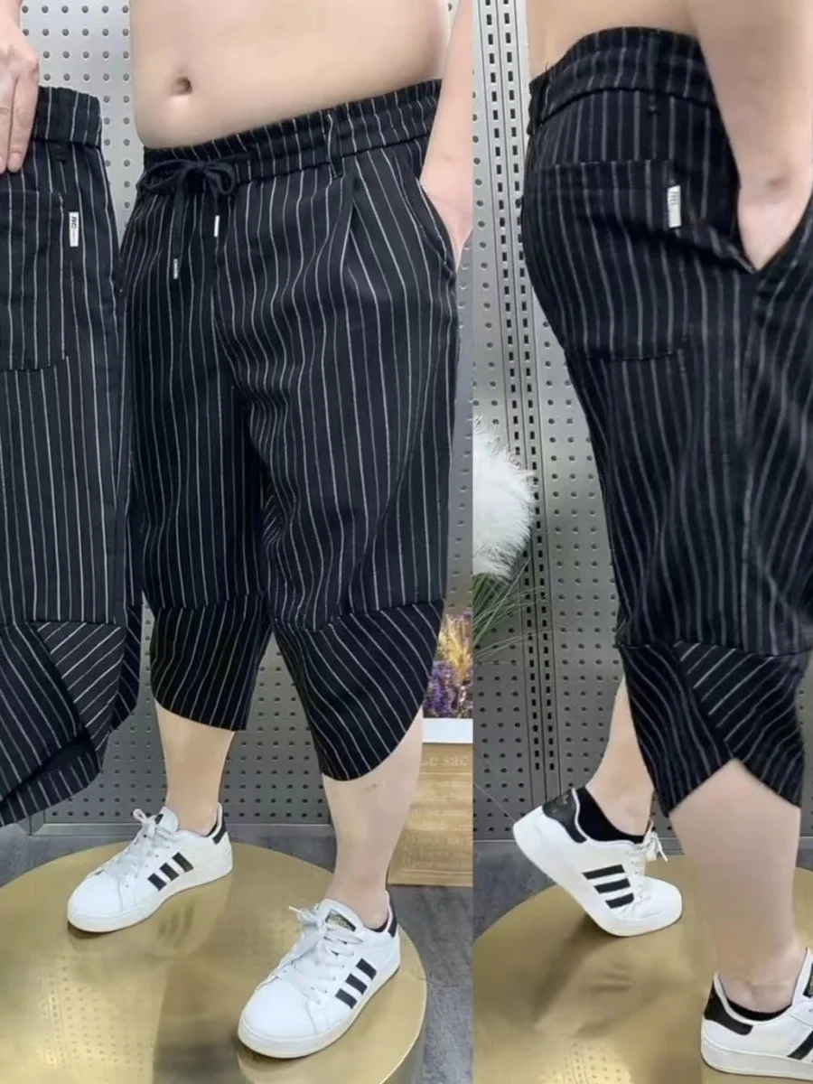 2026 Summer New Men's Fashionable Casual Stripe Shorts Wide Leg Pants Polyester Fiber Slim Fit Leisure Trousers