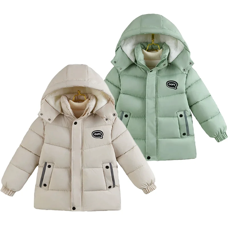 Kids Winter Detachable Hood Cotton Jacket Fashion Letter Patch Zipper Coat 4-10 Years Boys Girls Thick Warm Windproof Outerwear