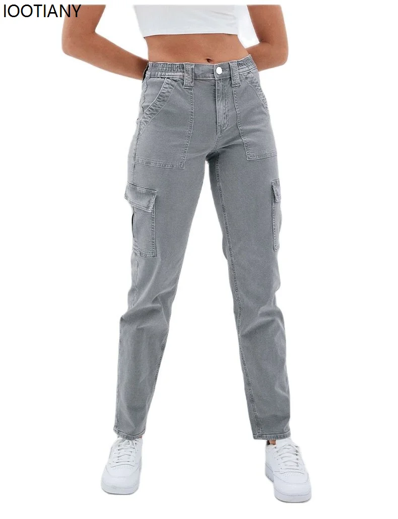Brand New Women's Mid-rise Grey Multi-pocket Cotton Jeans Fashionable High-elastic Straight Jeans Casual Women's Wear S-2xl
