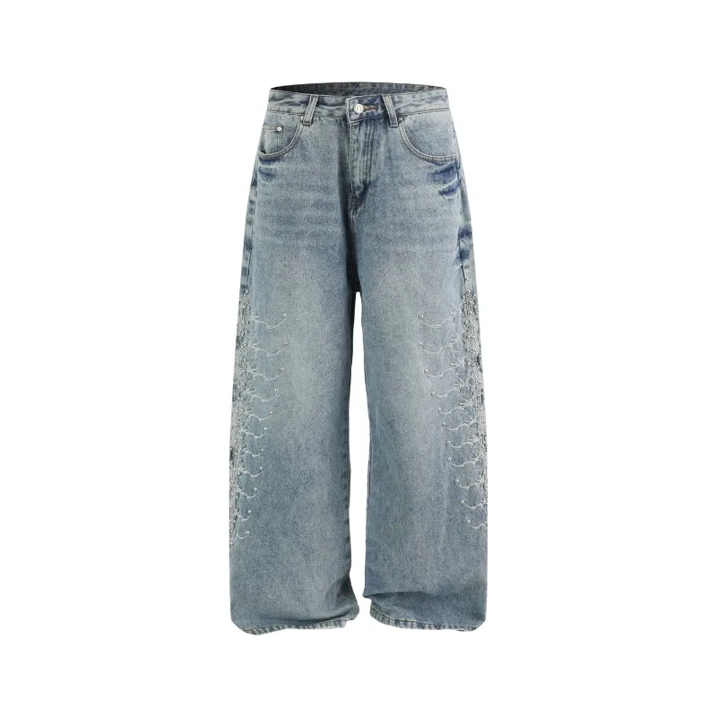

Niche Design Men's Denim Jeans Washing Metal Rivet Decoration Solid Color Wide Leg All-match Personalized Male Snake-eyed Spine