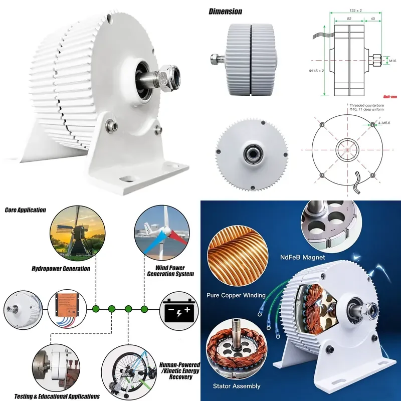 800W Permanent Magnet Generator 12V/24V/48V 650RPM 3-Phase AC Generator Gearless Dynamo for Wind & Hydro Power Systems