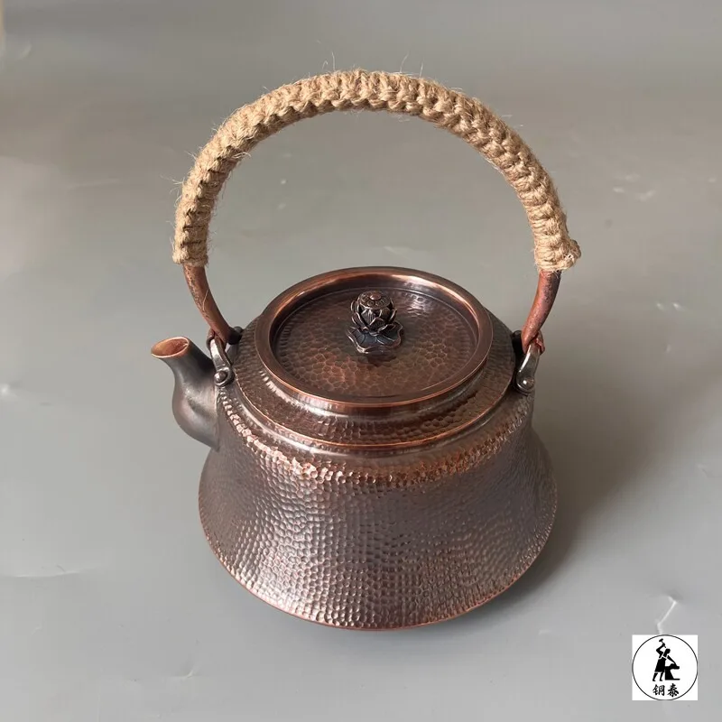 Hammered Vintage Copper Teapot With Rope‑Wrapped Handle Hand Forged Large Capacity Copper Kettle For Boiling Water Tea Ceremony