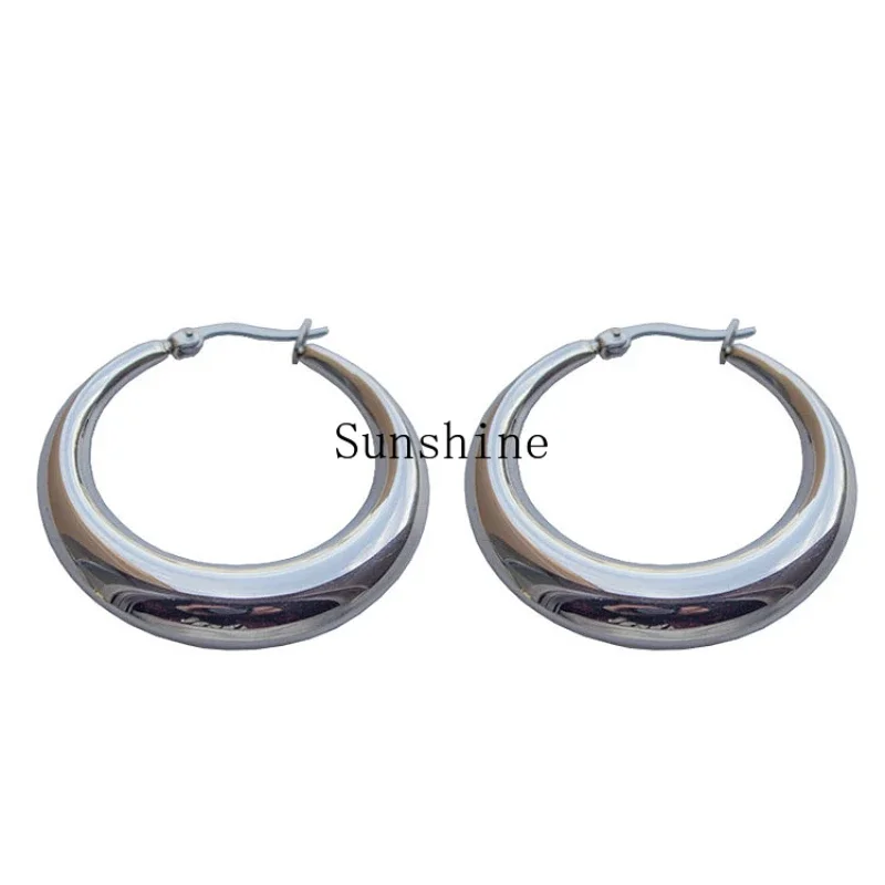 French lazy, cold style European and American minimalist oval ring circle gold-plated silver earrings