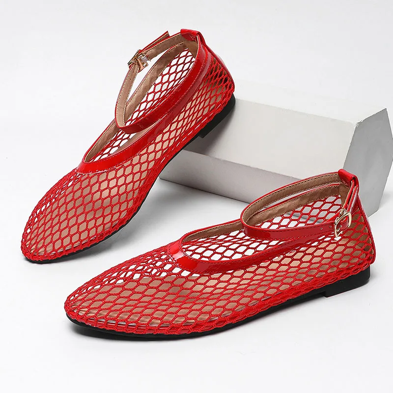 Aneikeh Summer Fashion Hollow Fishnet Flat Shoes Ankle Strap Buckle Square Toe Mesh Ballet Flats Casual Walking Sandalias Mujer