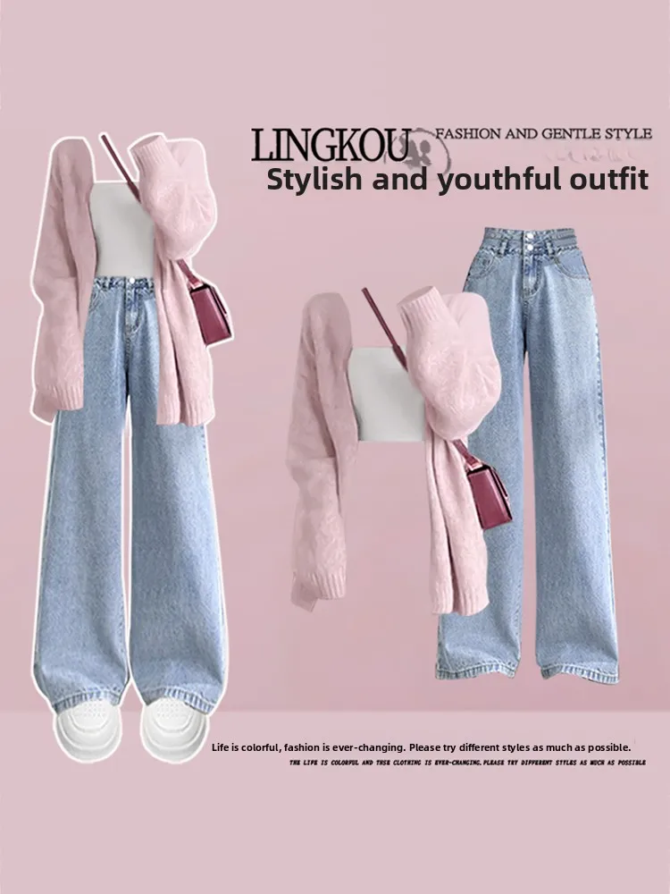 

Модный вязаный свитер и джинсовый комплект для женщин: осенний костюм-тройка, стройнящий, светло-голубой деним, с высокой талией