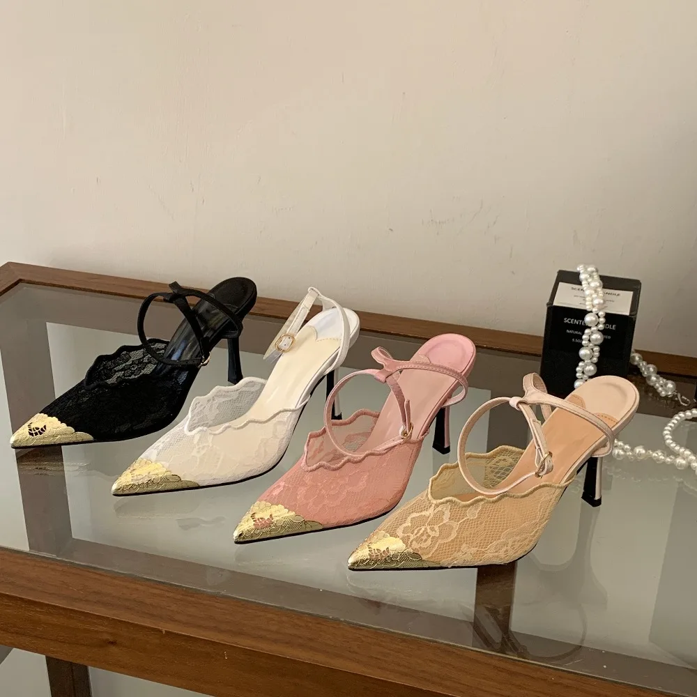 Aneikeh Elegant White Lace Slingback Stiletto Heels Pointed Toe Ankle Strap Buckle Sandals Wedding Party Ladies Dress Pumps