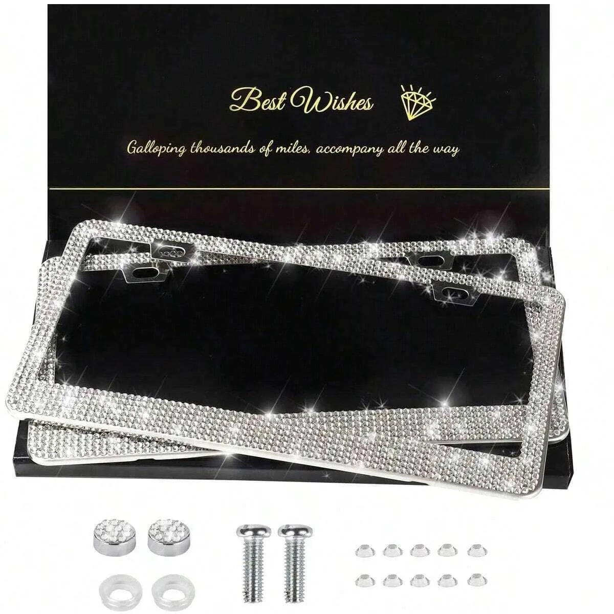Glänzender Kennzeichenhalter, Kristallglänzender Edelstahl-Kennzeichenhalter mit Strasssteinen, Perfektes Geschenk für Mädchen