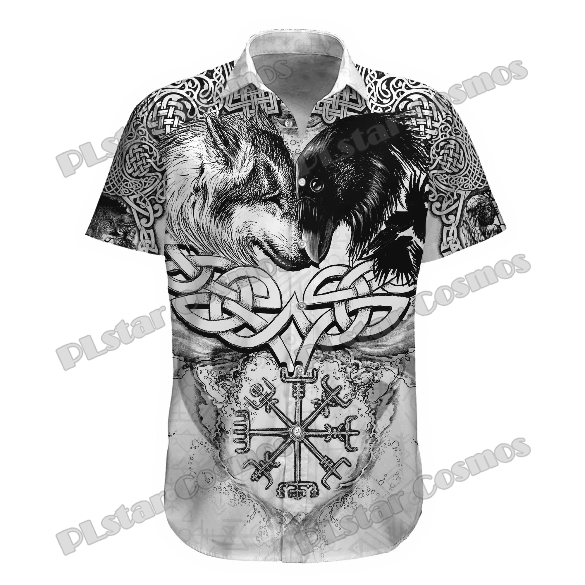 

Wolf Raven Vegvisir Tattoo 3D Printed Fashion Men's Hawaiian Shirt Unisex Summer Casual Short Sleeve Button Down Shirts CY-33