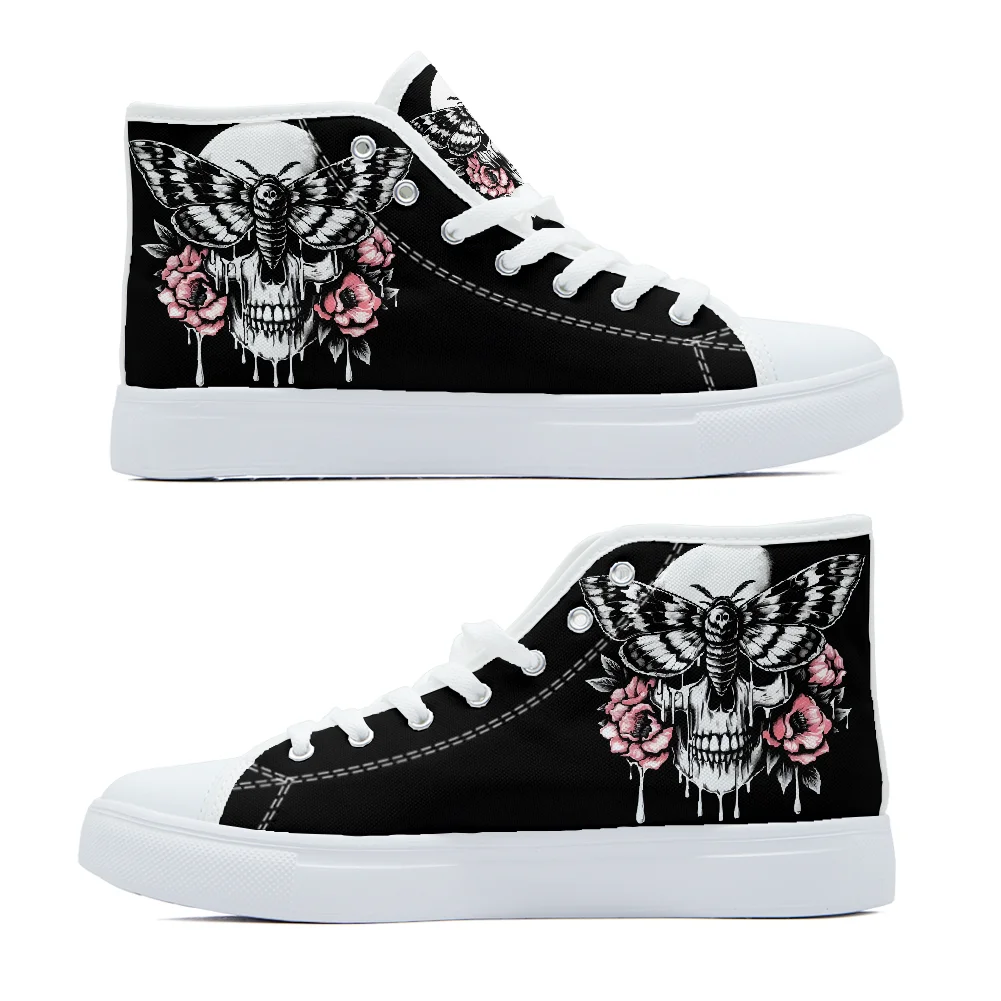 

Высокие парусиновые туфли с черепом, бабочкой и цветами, повседневная модная обувь, кроссовки для кампуса для мужчин и женщин