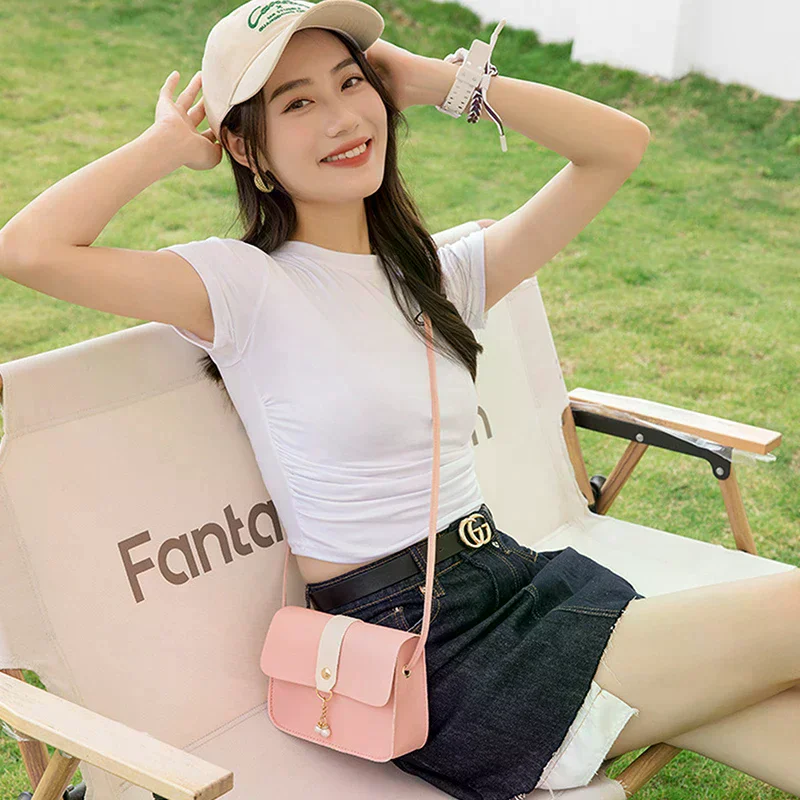 Contrast Women Shoulder Bag Simple Pearl Pendant Luxury Designer Handbag Messenger Bag Small Square Crossbody Mobile Phone Purse