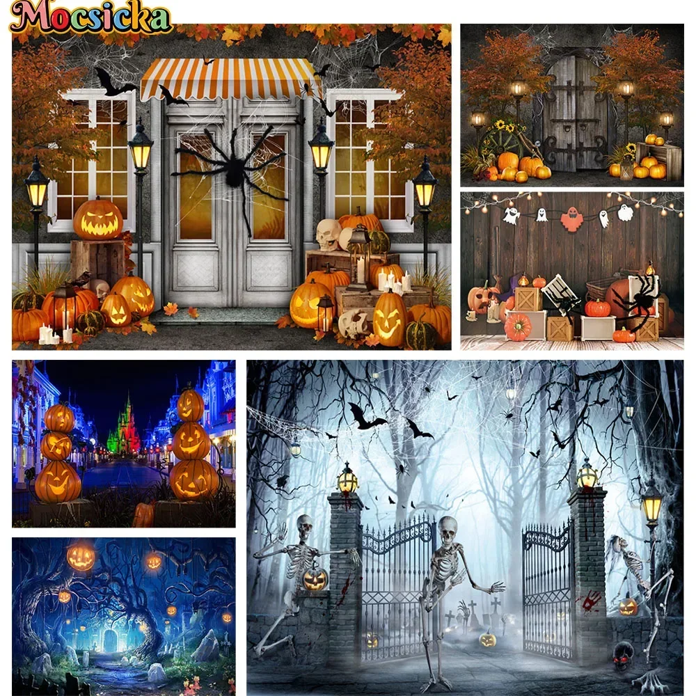 

Happy Halloween Cake Smash Studio Photography Background Props Pumpkin Spider Web Horror Door Decoration Backdrop Kids Photozone